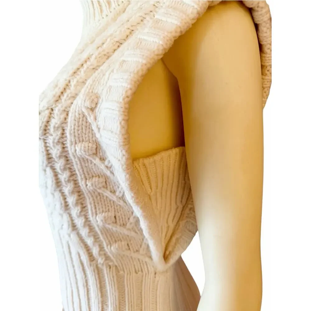 Veronica Beard Holton Wool Cable Knit Vest Sleeveless Turtleneck Sweater Ivory